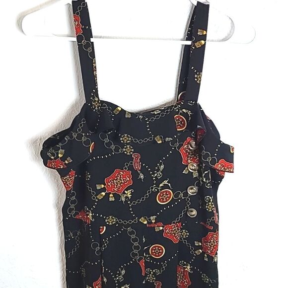 Speechless Jumpsuit, Black with Red & Gold Print, Ruffle Neckline, Size Medium - Picture 2 of 9